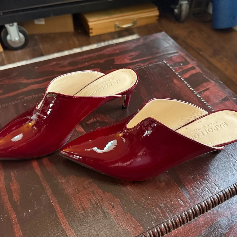 Napoleoni Red Patent Leather Mules Pointed Toe Kitten Heel Size 39 Made in Italy - Picture 4 of 14
